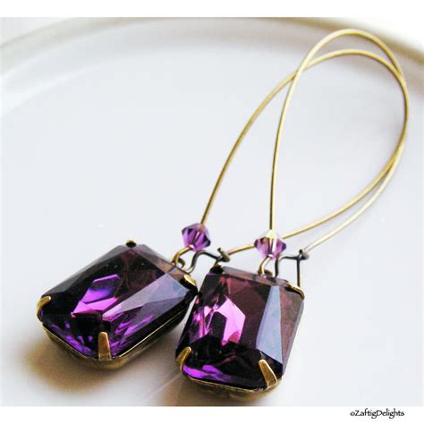 Rhinestone Earrings Vintage Swarovski Amethyst by ZaftigDelights