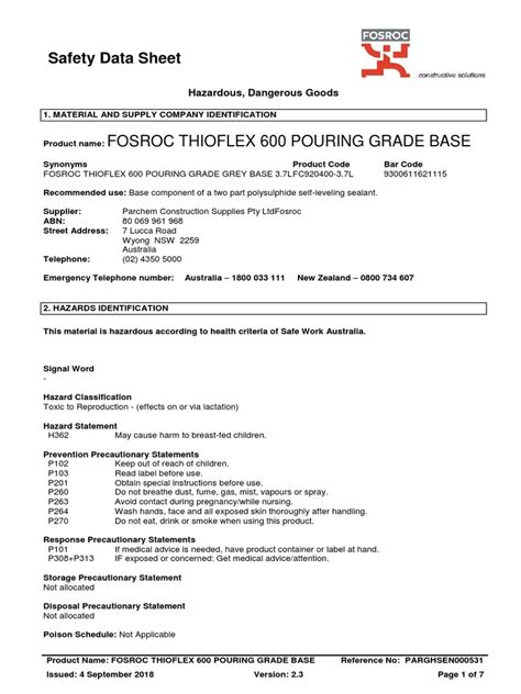 Fosroc Thioflex 600 Pouring Grade Base: Safety Data Sheet | PDF ...