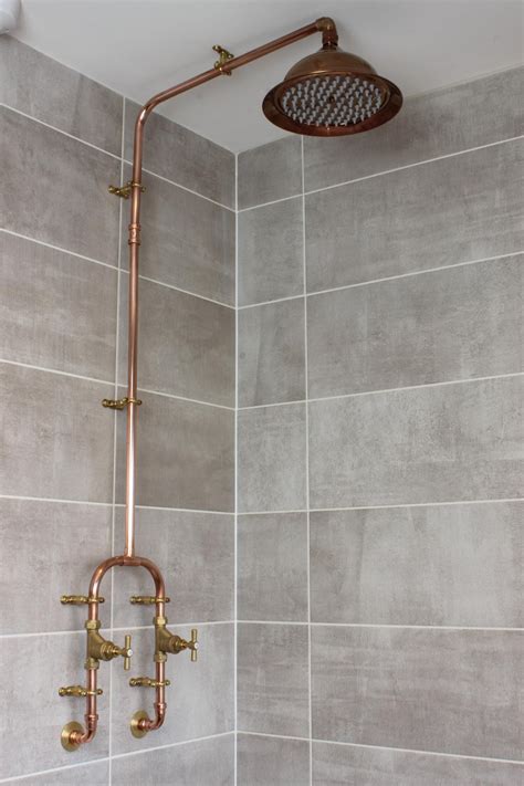 Copper shower with fixed head | Rustic bathroom shower, Shower plumbing ...