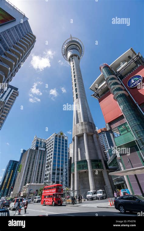 View of Sky Tower and Sky City buildings from the street, Auckland City ...