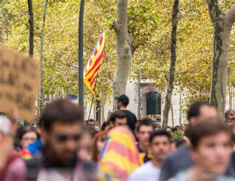 BARCELONA, SPAIN - OCTOBER 3, 2017: Demonstrators Bearing Catalan Flag ...