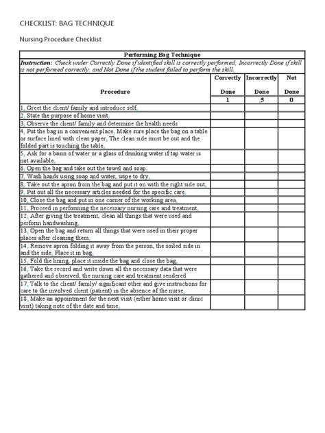 Bag Technique Checklist | PDF | Hand Washing | Clinical Medicine