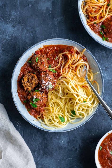 Spaghetti with Roasted Eggplant Marinara and Vegan Lentil Meatballs • The Curious Chickpea
