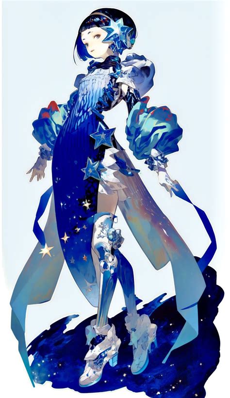 a digital painting of a woman dressed in blue and white with stars on her body