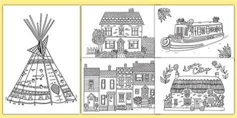 Adult Colouring Mindfulness Houses and Homes Pages - Twinkl