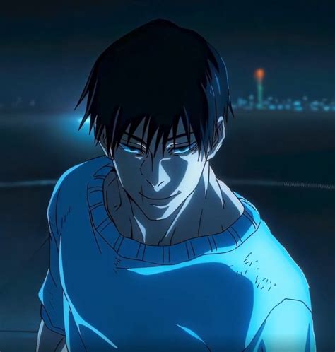 an anime character with black hair and blue shirt looking at something ...