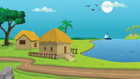 Village cartoon background illustration with sun, cottage, lake, trees, and narrow road ...