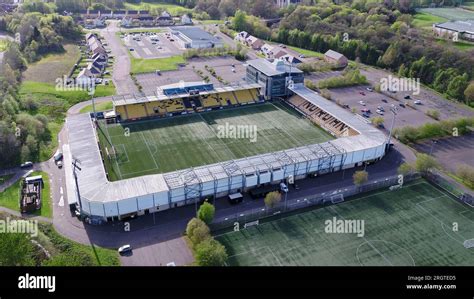 Aerial drone view of Livingston FC Tony Macaroni Stadium Livingston ...