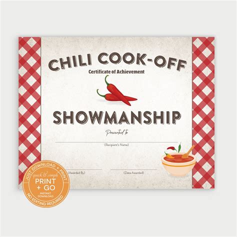 Printable Chili Cook-off Award Winner Certificate, Showmanship Chili ...