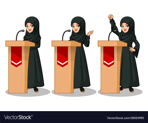 Arab businesswoman giving a speech behind rostrum Vector Image