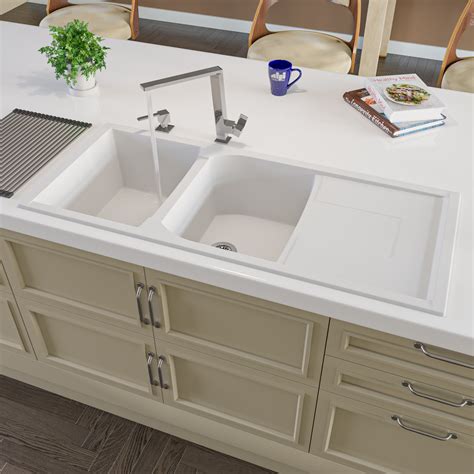 ALFI brand AB4620DI-W White 46" Double Bowl Granite Composite Kitchen Sink with Drainboard ...