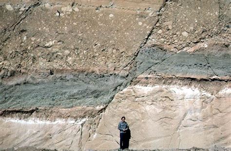 Photograph of faulted sedimentary rock layers exposed in a roadcut in ...