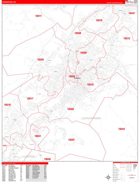 Scranton Pennsylvania Zip Code Wall Map (Red Line Style) by MarketMAPS - MapSales