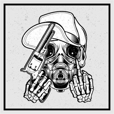 Cráneo de estilo grunge con un sombrero con una pistola y un dedo | Vector Premium