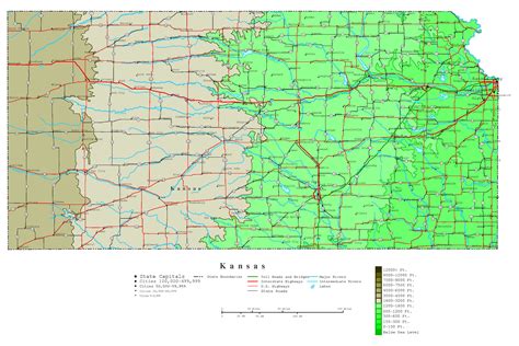 Large detailed elevation map of Kansas state with highways and major cities | Vidiani.com | Maps ...