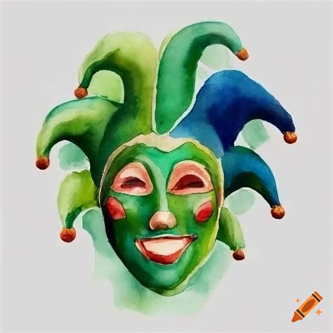 Watercolor painting of a green jester mask on Craiyon