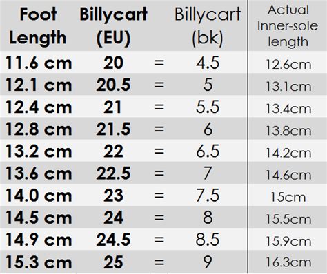 Billy Shoe Sizing Chart