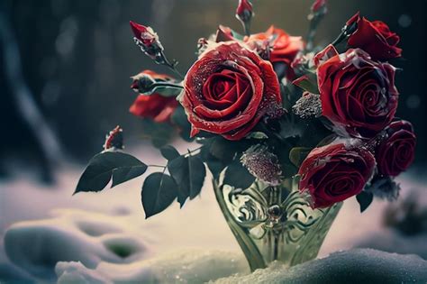 Premium Photo | Bouquet of red roses and snow icegenerative ai