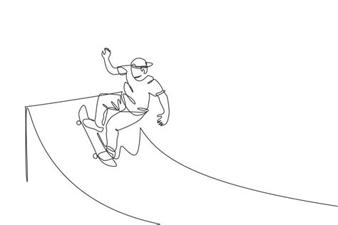 One single line drawing of young skateboarder man exercise riding ...