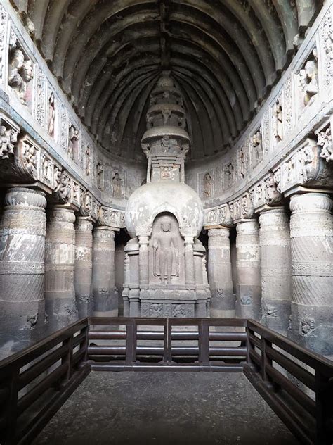 Apsidal Chaitya Shrine Hall, Ajanta Cave 19, with Standing Buddha Image ...