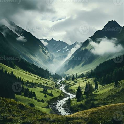 Beautiful landscape of mountains, flowing rivers and valleys in the ...