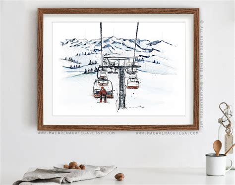 Man in ChairLift art print watercolor Skier (Nº80) one person on Ski ...