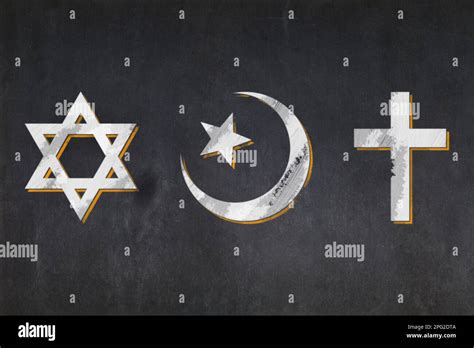 Blackboard with the symbols of the three Abrahamic religions: the Jewish Star of David, the ...