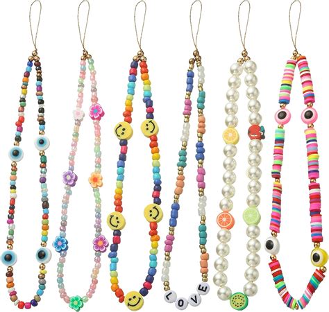 6PCS Beaded Phone Lanyard Wrist Strap Face Beaded Phone Charm Fruit Star Pearl Rainbow Color ...