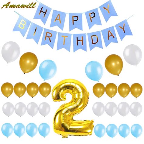 Amawill Baby Boy 2nd Birthday Set Happy Birthday Blue Banner Gold Number 2 Balloon Latex ...