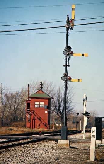 an old train station with railroad tracks and signal towers in the ...