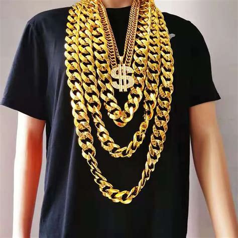 2 Pieces Faux Gold Chain Acrylic Chain Necklace Hip Hop Necklace Rapper Fake Gold Chain for Hip ...