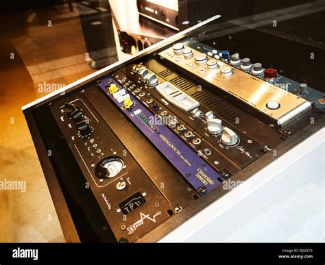 PARIS, FRANCE - JAN 30, 2018: Multiple audio equipment in recording ...