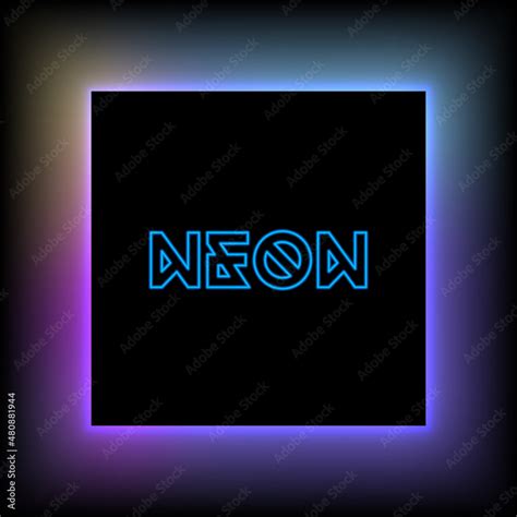 Neon background with black square in the center and text. Shiny violet ...