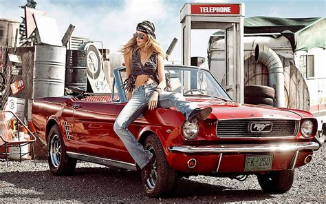 HD wallpaper: red Ford Mustang convertible, car, women, old car, women with cars | Wallpaper Flare