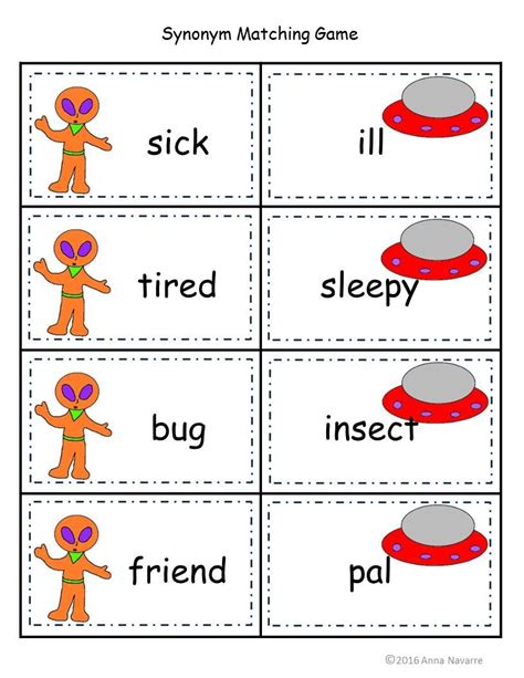 Synonym Alien Matching Game | Synonym cards, Resource classroom, Matching games