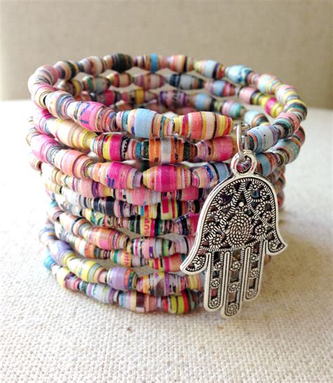 Handmade paper bead bracelet, Multicolored bracelet, Memory wire bracelet, Wire wrapped bracelet ...