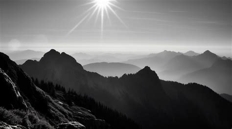 Premium AI Image | A black and white photo of a mountain range with fog ...