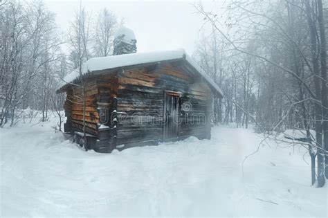 Winter Snowy Landscape with Log Cabin Stock Photo - Image of mist ...