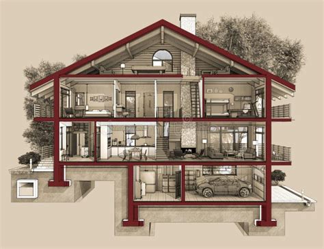 3d Section of a Country House Stock Illustration - Illustration of housing, roof: 55555320