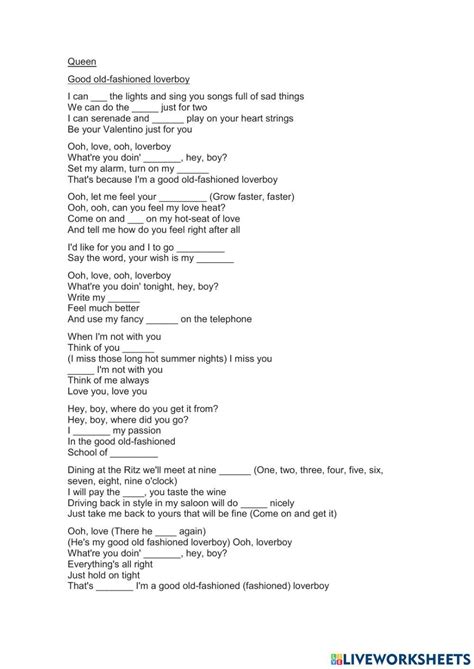 Queen - good old fashioned lover boy lyrics worksheet | Live Worksheets