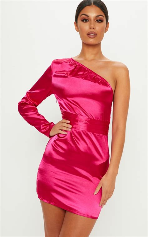 Hot Pink Satin Shoulder Bodycon Dress | PrettyLittleThing IRE