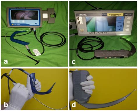 a) GlideScope ® (with video attached), b) GlideScope ® blade and ...