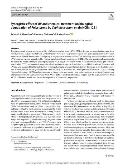 Synergistic effect of UV and chemical treatment on biological degradation of Polystyrene by ...