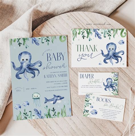 Ocean Baby Shower Invitation Bundle, Editable Nautical Baby Shower Invite Set, Fish Baby Shower ...