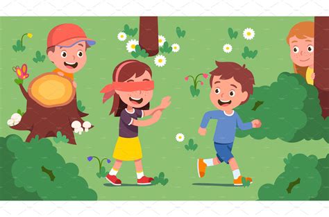 Kids playing hide and seek on lawn | People Illustrations ~ Creative Market