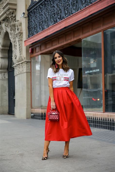 Tee and Ball Skirt | Red skirt outfits, Long red skirt outfit, Red midi ...