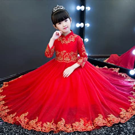 2017 Autumn Winter New Children Kids Red Color Princess Party Lace Long Dress Girls Birthday ...