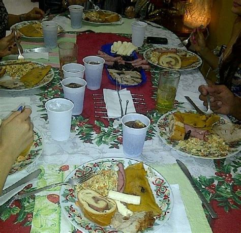 Christmas Dinner in Venezuela, with Hallaca, ham bread, chicken salad, stuffed roasted pork ...