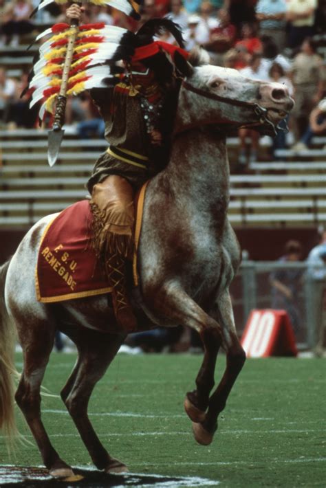 Florida Memory • FSU mascot, "Chief Osceola", riding Renegade before a football game at Doak ...