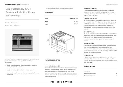 Fisher & Paykel RHV3484N Dual Fuel Range - Quick Reference Guide